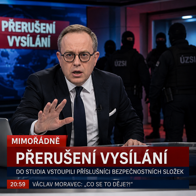 Václav Moravec během přerušeného televizního vysílání